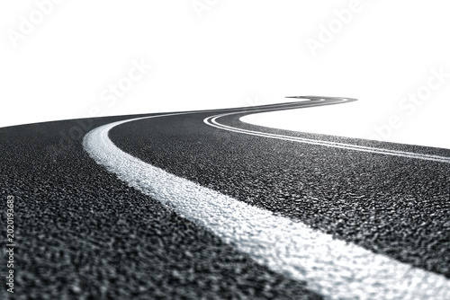 Curving asphalt road with white lines isolated on transparent background. A winding asphalt road with white markings isolated on white background.