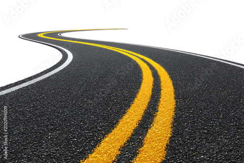 Curving asphalt road with double yellow lines isolated on transparent background. A long winding asphalt road with double yellow lines curves into the distance isolated on white background.