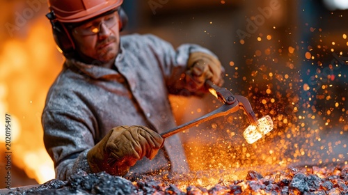 Blacksmith in protective gear works with glowing hot metal and sparks flying