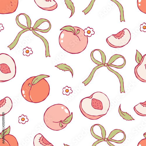 Peach Gingham Seamless Pattern, Fruit Digital Paper Summer Picnic Retro Fabric, Hand Drawn Sweet Peach Fabric File, Fruit Tea Party floral Repeat Vector