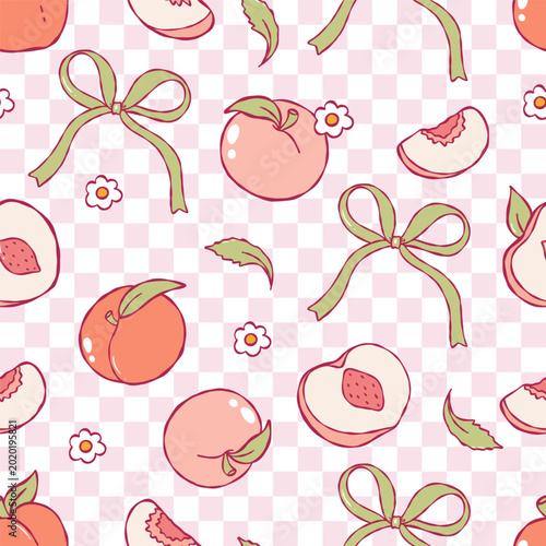 Peach Gingham Seamless Pattern, Fruit Digital Paper Summer Picnic Retro Fabric, Hand Drawn Sweet Peach Fabric File, Fruit Tea Party floral Repeat Vector