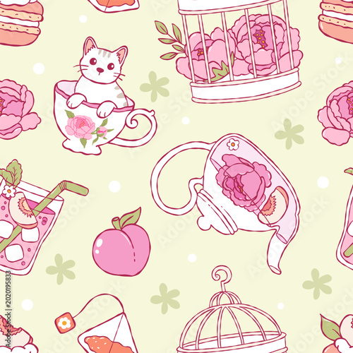 Peach Tea Time Seamless Pattern, Coquette Kitty in Cup Digital Paper, Hand Drawn Summer Picnic Retro Fabric, Fruit Tea Party floral Repeat Vector