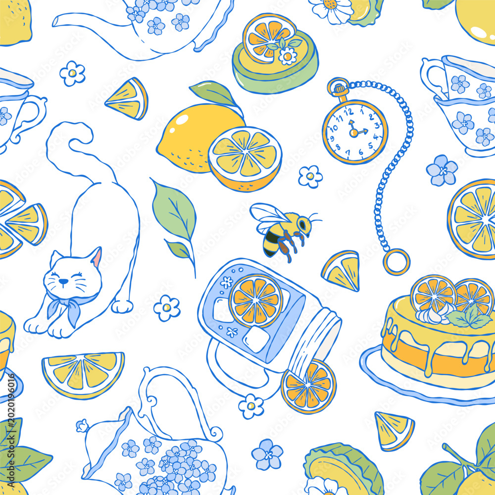 Obraz premium Lemon Tea Time Seamless Pattern, Coquette Kitty Digital Paper, Hand Drawn Summer Picnic Retro Fabric, Fruit Tea Party Hydrangea Flower Repeat Vector