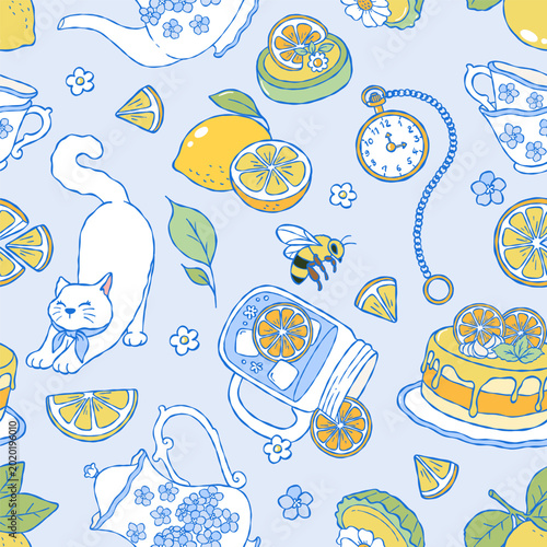 Lemon Tea Time Seamless Pattern, Coquette Kitty Digital Paper, Hand Drawn Summer Picnic Retro Fabric, Fruit Tea Party Hydrangea Flower Repeat Vector