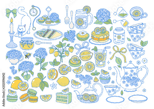 Lemon Tea Time, Hand Drawn Tea Party, Wedding Invitation Graphics, It's Tea Time, Hydrangea Flower Tea Set Hand Drawn Design Vector