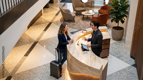 An overhead view of a curved desk during a Hotel reception check-in in a spacious hall, suitable for luxury travel agency websites.