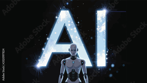 Humanoid robot centered within a large glowing ai symbol dark background.