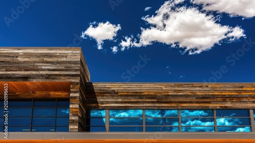 Modern architectural facade features rustic wooden cladding under a bright blue sky.