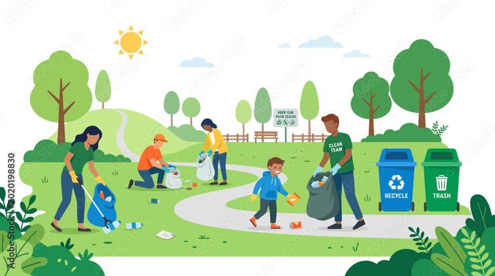 Obraz premium Volunteers cleaning park and recycling trash on a sunny day