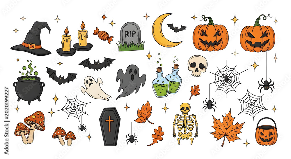 Fototapeta premium Set of handdrawn halloween elements including pumpkins, ghosts, bats, and spooky decorations isolated on transparent background