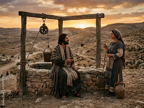 Biblical Scene of Jesus Speaking With Samaritan Woman at the Well During Sunset 