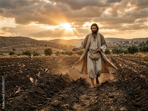 Biblical Sower Spreading Seeds Across Field at Golden Sunset Spiritual Agriculture Concep