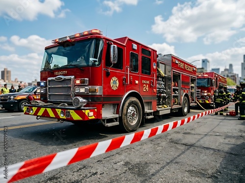Fire Rescue Trucks and Firefighters Responding to Urban Emergency Scene
