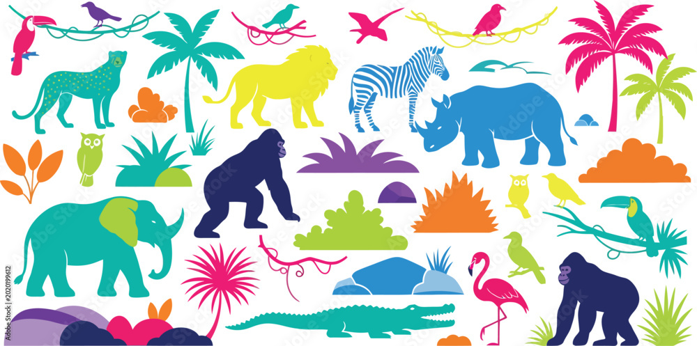 Fototapeta premium Vibrant colorful safari animals and tropical plants in a collage