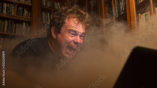 Man screams in frustration while working on a laptop surrounded by thick smoke in a home library.