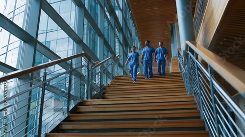 Three medical professionals walk down a modern wooden staircase inside a brightly lit office building.