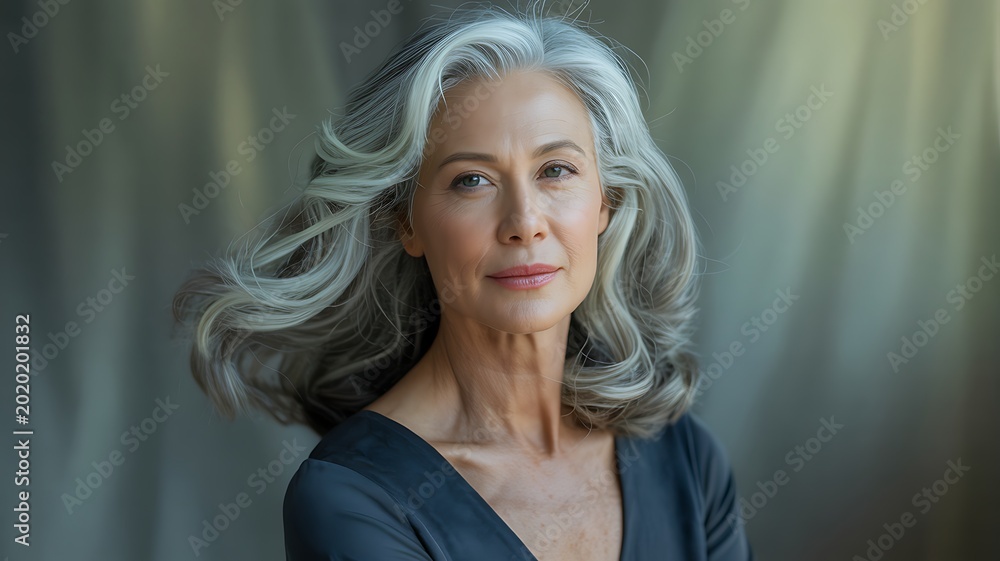 Fototapeta premium Elegant mature woman with striking silver hair and a thoughtful expression, looking into the distance.