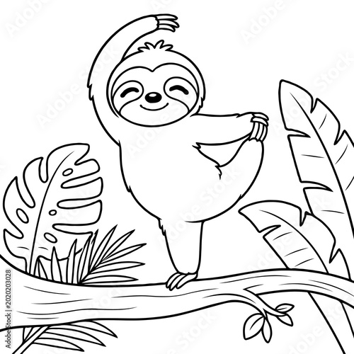 Cute cartoon sloth doing a yoga pose on a tree branch in the jungle coloring page for kids.