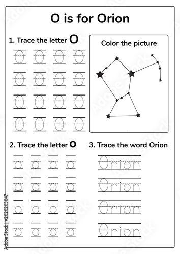 O is for Orion, a bright constellation in the night sky featuring prominent stars and a recognizable hunter shape, ideal for space education, alphabet learning, and astronomy themed visuals.