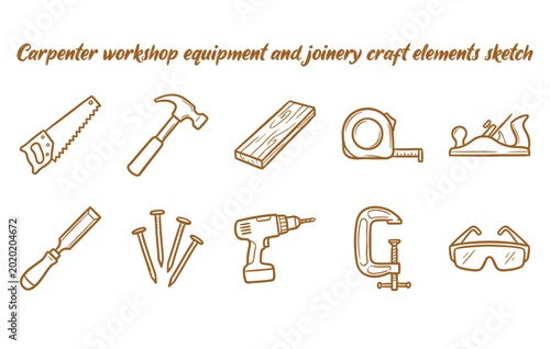 Картината върху платно Carpenter workshop equipment and joinery woodcraft graphics sketch set