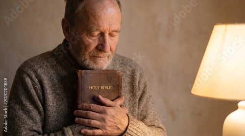 Elderly man holding Holy Bible to chest in prayer. Devout senior praying with closed eyes at home. Christian religious faith and spirituality. Concept of hope and belief in Jesus Christ.