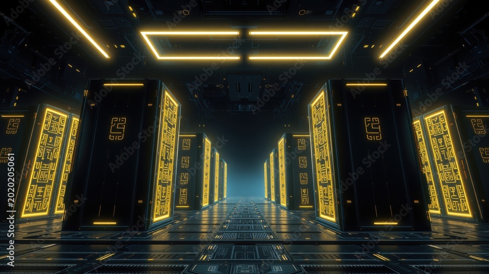 Fototapeta premium Futuristic corridor. Glowing yellow lines illuminate dark metallic walls. Symmetry creates depth, hinting at vast complex structure.