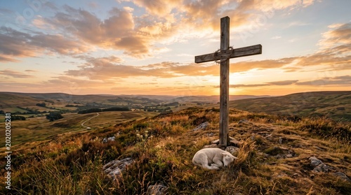 Wooden cross with crown of thorns standing on hill with sleeping lamb. Religious scene depicting sacrifice. Christian faith, spiritual peace and Easter resurrection concept.