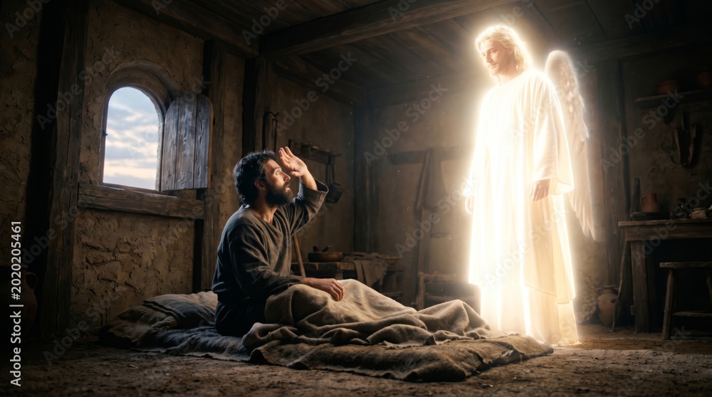 Naklejka premium Angel appearing to Joseph in a dream. Heavenly divine messenger bringing message to man in humble home. Biblical scene of spiritual visitation and faith. Religious concept of miracle.