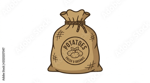 фотографія A burlap sack filled with potatoes with a label on the front.