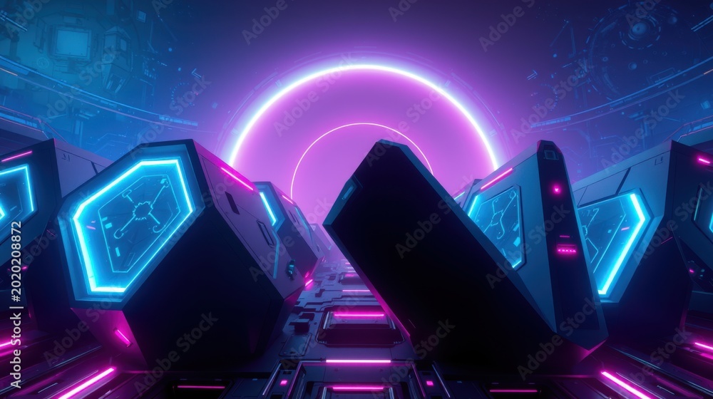Fototapeta premium Futuristic corridor. Neon lights illuminate dark metallic surfaces. Circular glow dominates central view. Complex geometric patterns visible.