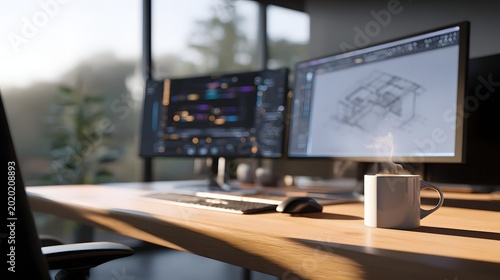 A workspace displays dual monitors with architectural designs and a coffee cup