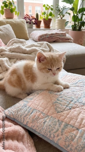 Cozy Home Atmosphere - Adorable ginger and white kitten relaxing on a pastel quilt in a cozy, sunlit living room. Hygge lifestyle concept of domestic comfort with indoor plants., cinematic