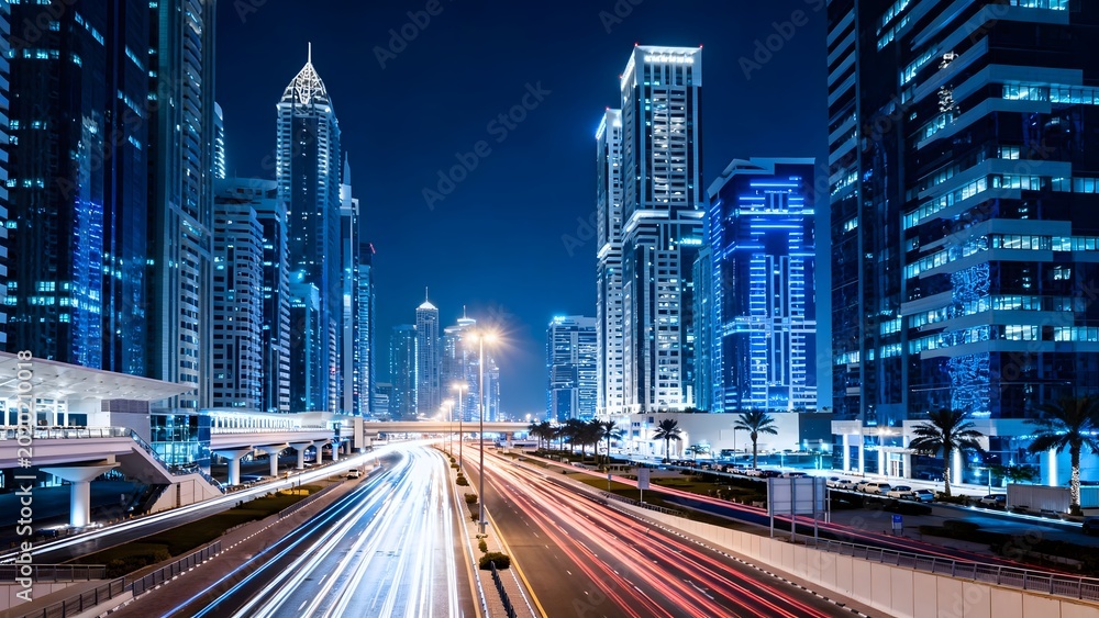 Fototapeta premium Nighttime cityscape with illuminated skyscrapers