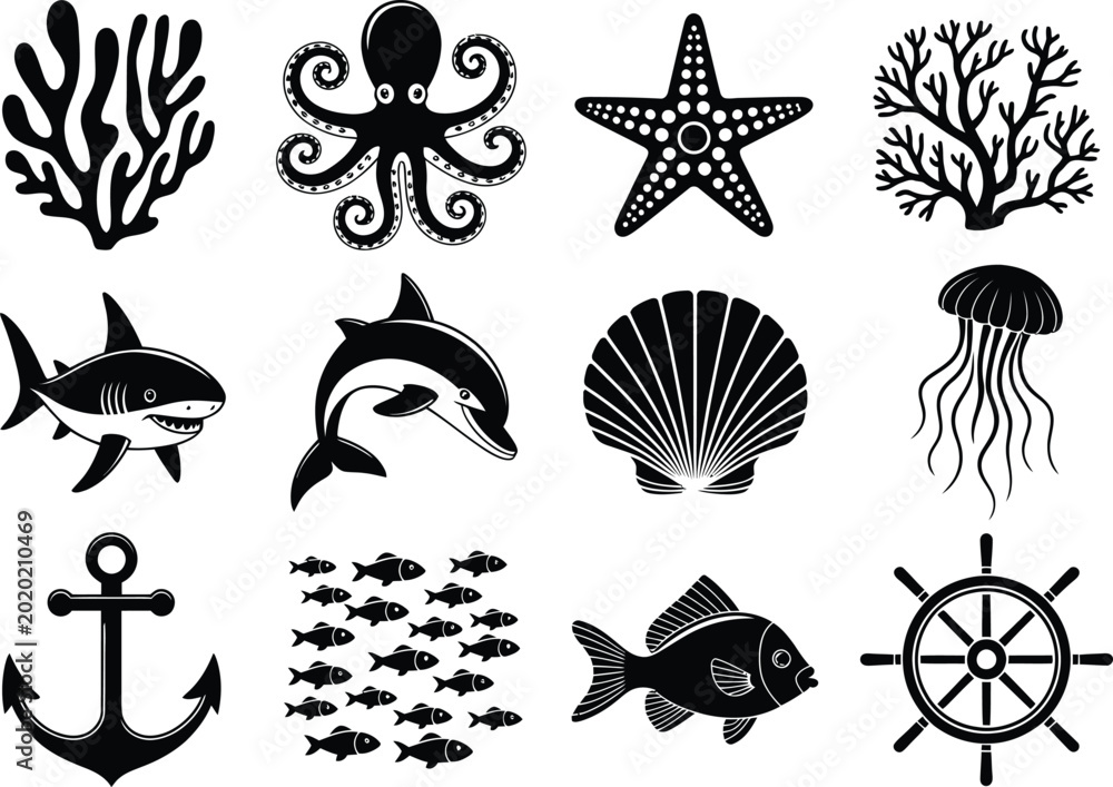 Ταπετσαρία Ocean sea life marine animals and symbols anchor seashell.