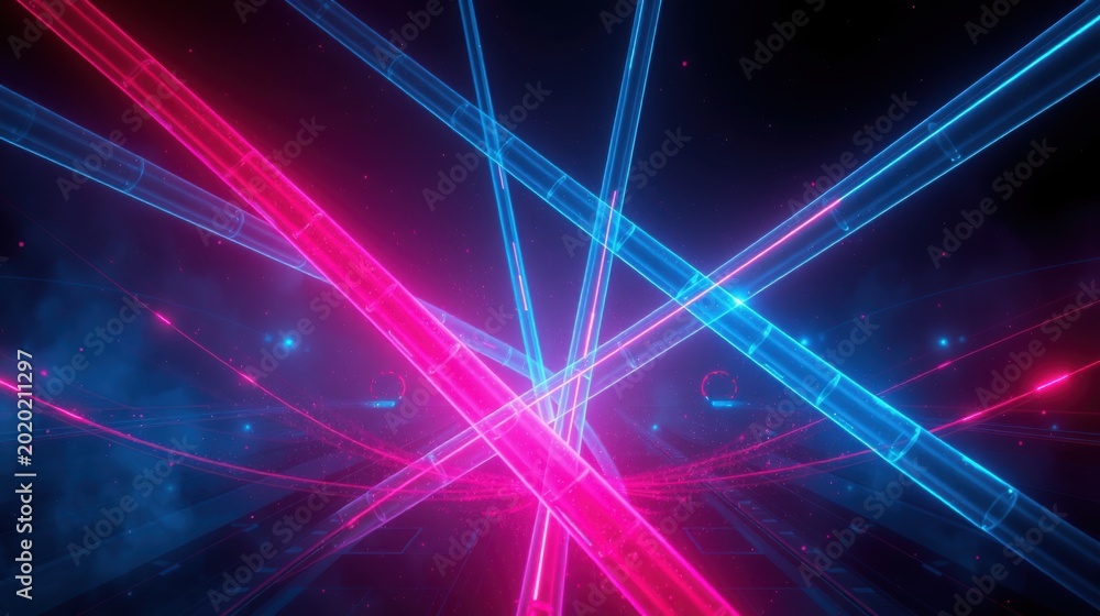 Fototapeta premium Abstract neon lights intersect, creating vibrant energy. Dark background emphasizes glowing pink, blue beams. Futuristic, dynamic composition.