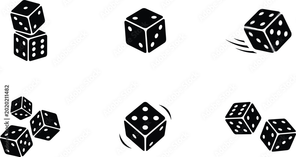 Εκτύπωση καμβά Black Casino Dice Vector Icon Set Featuring Rolling, Tumbled, and Stacked Board