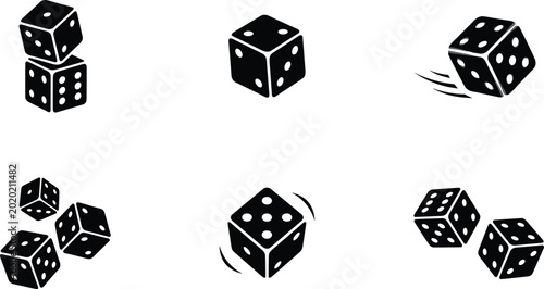 Εκτύπωση καμβά Black Casino Dice Vector Icon Set Featuring Rolling, Tumbled, and Stacked Board