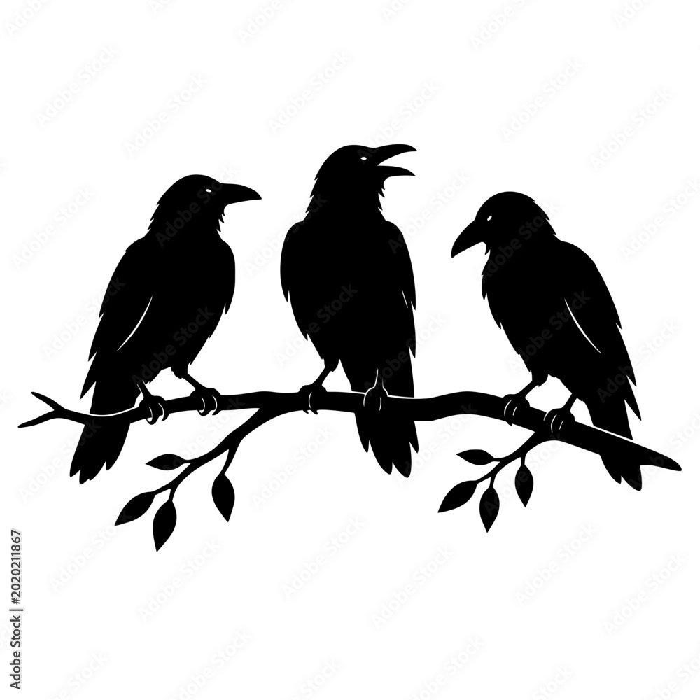 Fototapeta premium three black ravens sitting on branch for halloween horror gothic spooky nature and dark bird silhouette concept