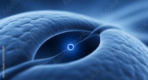 Abstract 3d rendering of a microscopic cell structure with a glowing core