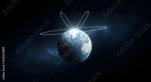 Global communication network with glowing orbital paths around earth