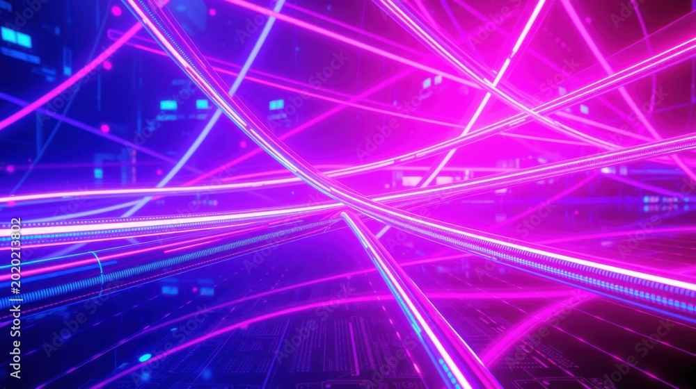 Fototapeta premium Abstract digital network. Bright neon lines intersect, creating futuristic space. Vivid purple, blue hues dominate composition.