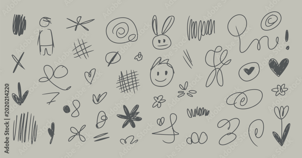 Fototapeta premium hand drawn doodle collection with hearts flowers and abstract shapes on a gray background