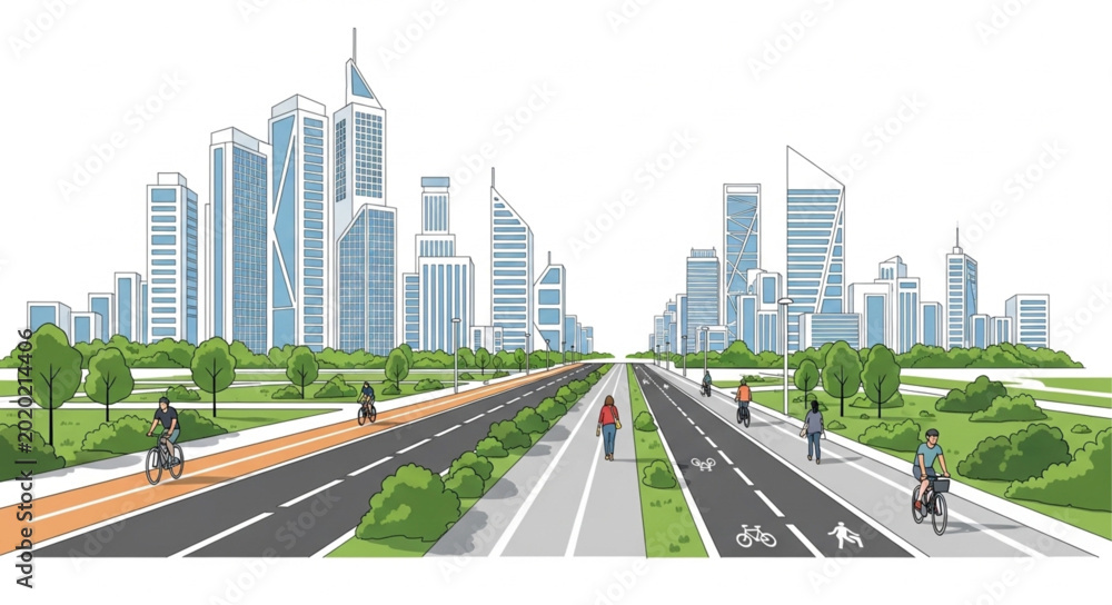 Fototapeta premium Modern city with bicycle paths and green spaces.