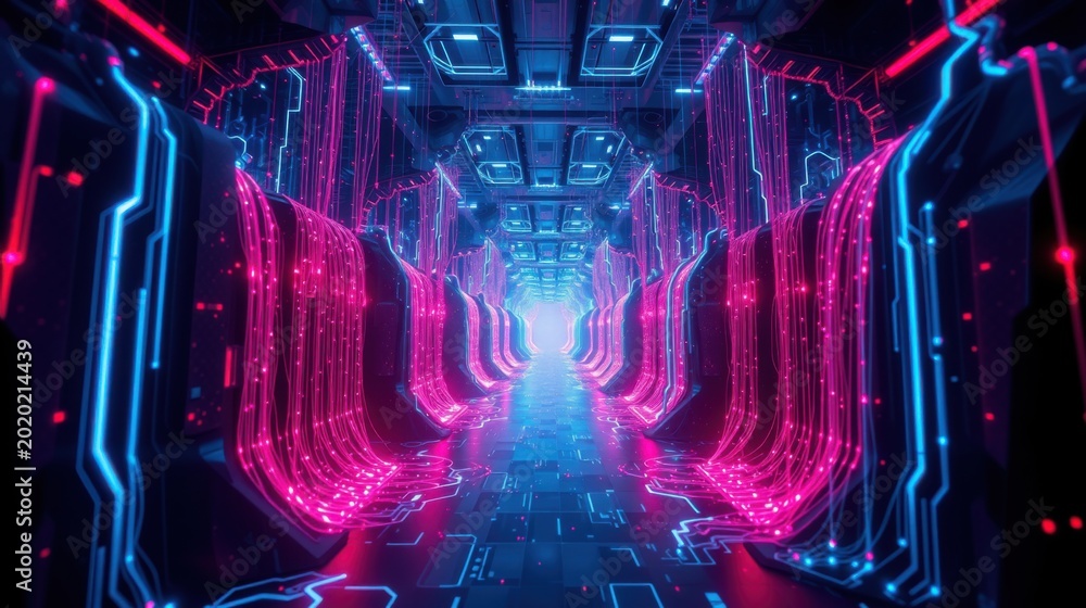 Fototapeta premium Futuristic corridor glows with vibrant neon lights. Complex circuitry lines walls, creating immersive digital space. Intense perspective draws viewer inward.