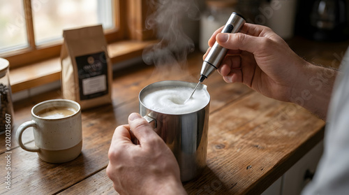 Person frothing milk for coffee isolated on transparent background