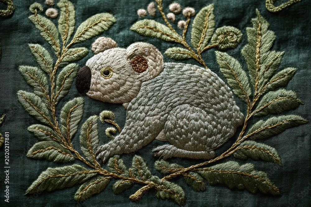 Obraz premium Textile Art Koala Bear with Eucalyptus Leaves on Deep Teal Backdrop