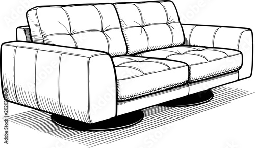Tableau sur toile Hand-drawn of a tufted leather sofa with a modern swivel base a striped floor co