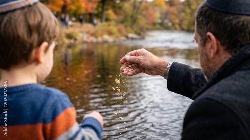 Close-up on a Jewish man's hand casting breadcrumbs into a river during Tashlich ceremony with a child — Rosh Hashanah and Yom Kippur traditions concept