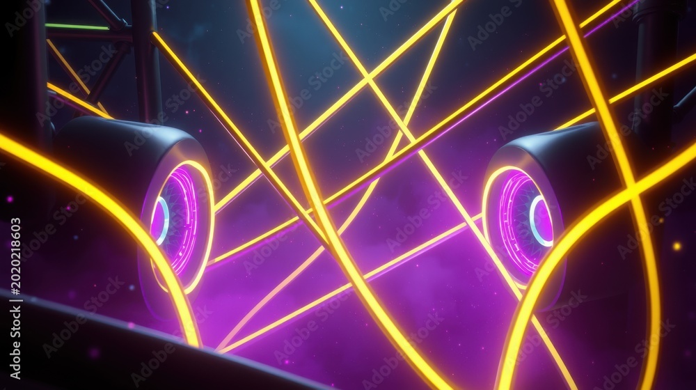 Fototapeta premium Neon lights create futuristic tunnel. Vibrant purple, yellow hues dominate dark space. Speakers glow intensely, adding dynamic energy.