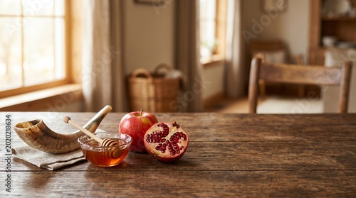 Rosh Hashanah holiday still life with traditional symbols on a wooden table, shofar, honey, apple and pomegranate with copy space
